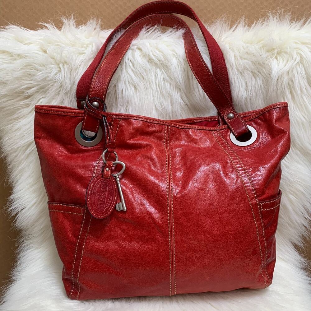 FOSSIL Large Red Glazed Leather Vintage HATHAWAY Shopper Tote Shoulder Bag